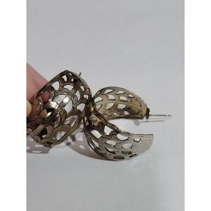Vintage silver tone filigree half moon‎ hoops post earrings